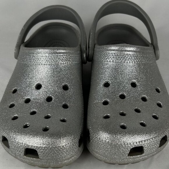 Crocs Silver Glitter Classic Clogs Shoes Womens Sz 9 Mens 7 Slip On - Picture 1 of 5